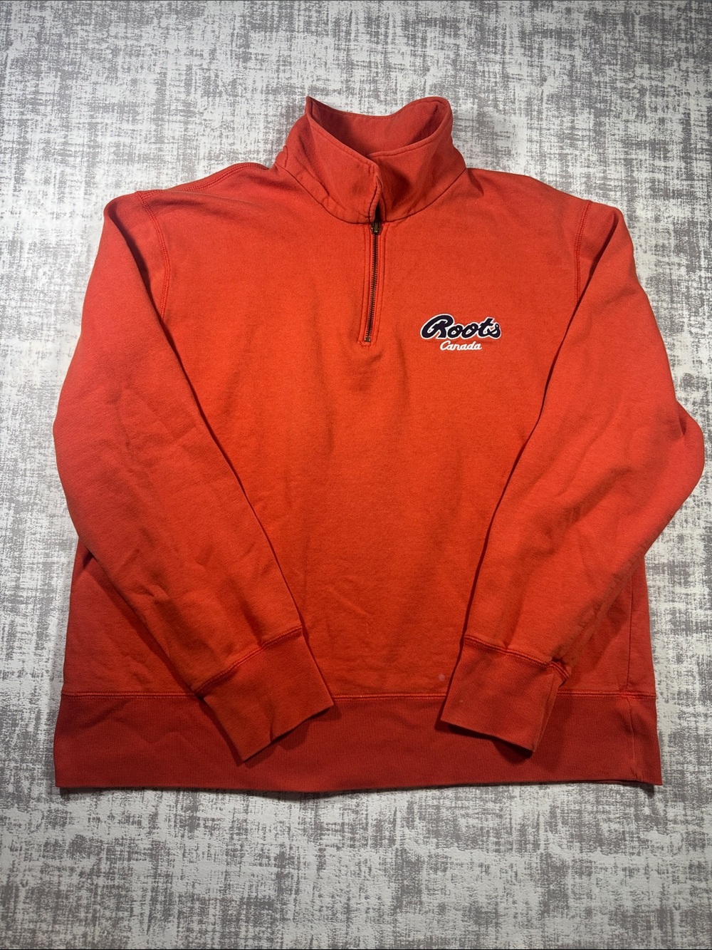 Vintage 90’s Roots Unisex Orange Half-Zip Pullover Sweater sz XL 26.5 X24.5